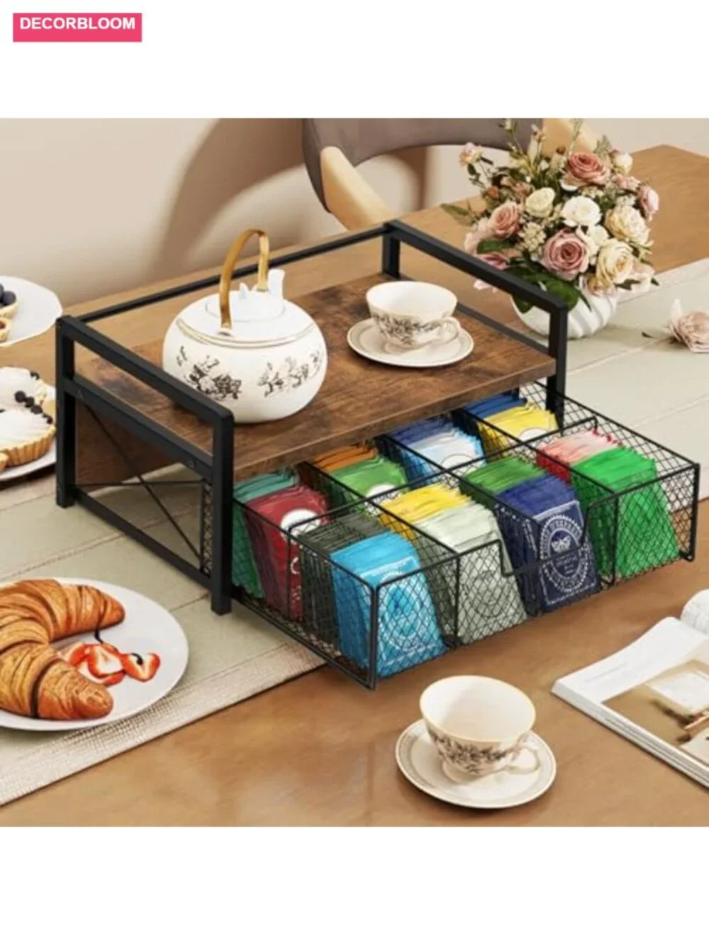Tea Bag Organizer Wooden Storage Box with Pull-Out Drawer for Countertop